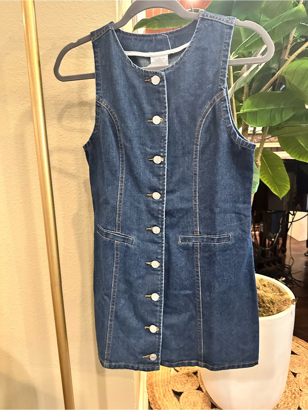 Sleeveless Dark Blue Denim Button-Front Dress